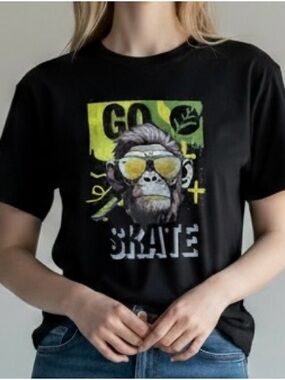 PORT & COMPANY Men's Black Monkey Go Skate Graphic T-Shirt Size‎ S Short Sleeve